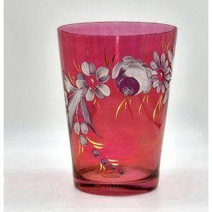 Rainbow Glass Cranberry Large Wide Mouth Vase Painted Flowers 6.25 inches